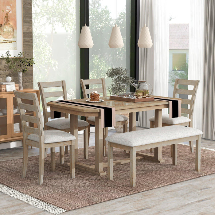 6-Piece Rubber Wood Dining Table Set with Beautiful Wood Grain Pattern Tabletop Solid Wood Veneer and Soft Cushion (Natural Wood Wash) - DTYStore