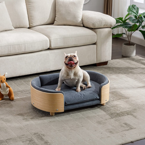 Scandinavian style Elevated Dog Bed Pet Sofa With Solid Wood legs and Bent Wood Back, Velvet Cushion,Mid Size,Dark Grey - Image 3