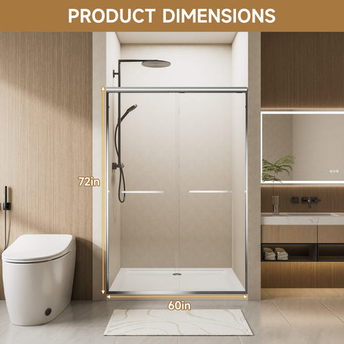 Aluminum Frame Double Sliding Soft-Close Shower Door with Chrome Finish, 1/4 Inches Tempered Glass and Dual 304 Stainless Steel Handles, 56-60 inches W x 72 inches H - Image 5