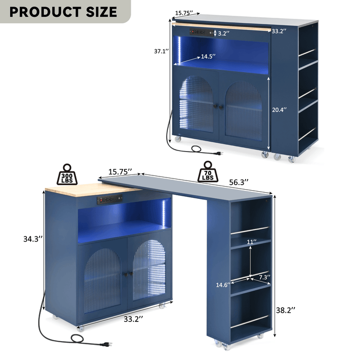 Rolling Kitchen Island With Extended Table, Kitchen Island on Wheels with LED Lights,Power Outlets and 2 Fluted Glass Doors, Kitchen Island with a Storage Compartment and Side 3 Open Shelves, Navy - DTYStore