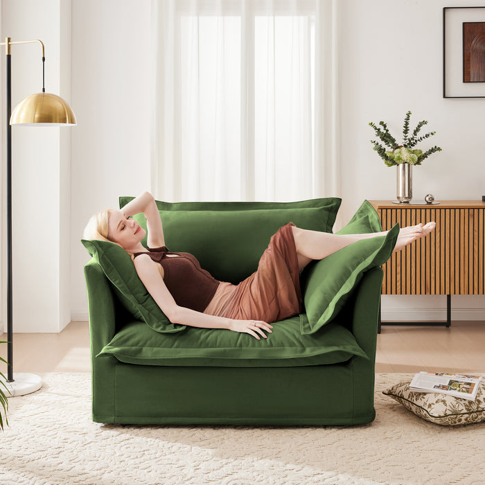 Upholstered Slipcovered Armchair with Ottoman, Deep Seat Armchair W/ Wide Ottoman for Living Room, Armchair Sets with Large Soft Pillows(Set of 2),Chenille Fabric,Green
