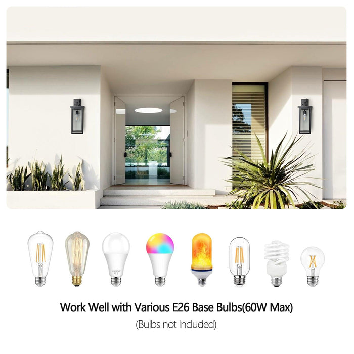 Set of 2 Modern Outdoor Wall Lanterns with Black Metal Frame and Clear Glass, Ambient light sensors,Weatherproof Wall Sconces for Porch, Garage, or Entryway Lighting, E26 Bulb Compatible - DTYStore