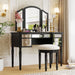 GO 43" Dressing Table Set with Mirrored Drawers and Stool, Tri-fold Mirror, Makeup Vanity Set for Bedroom, Black - DTYStore