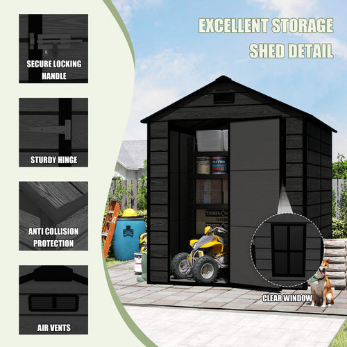 Campcraft 6*6ft resin storage shed, high quality pp material, strong structure, waterproof, rust and UV proof, large storage space, 12mm thick pp board, HD window lighting Black wood grain color - Image 2
