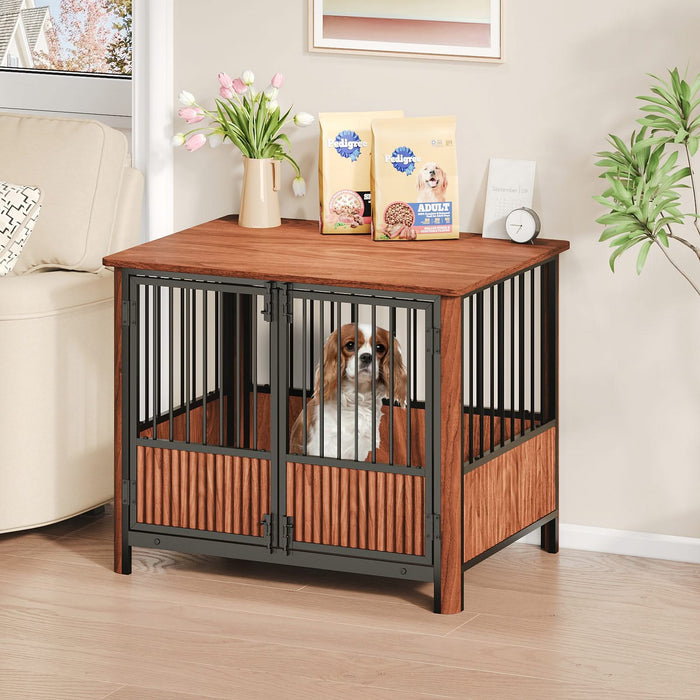31.5'' Walnut Fluted Wood Furniture Style Dog Crate for small & Medium Dogs - Double Door Design, Decorative Pet House & Indoor Side End Table.