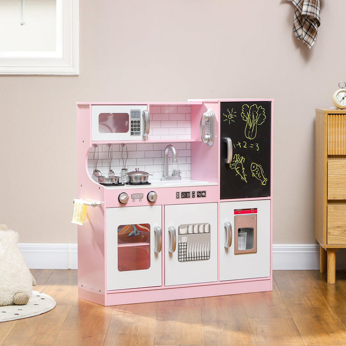 Play Kitchen, Kids Kitchen Playset Pretend Play Toy Kitchen with Play Phone, Chalkboard, Towel Rack, Ice Maker, 5 Accessories, Storage Space, Microwave & Sink, Gift for 3-8 Years, Pink - DTYStore