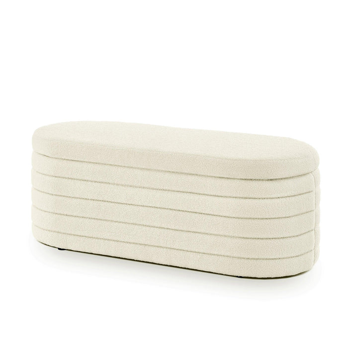Modern Oval Storage Ottoman Bench, Upholstered Boucle Teddy Fabric End of Bed Bench with Storage, End of Bed Stool with Safety Hinge for Bedroom, Living Room, Entryway, Cream - DTYStore