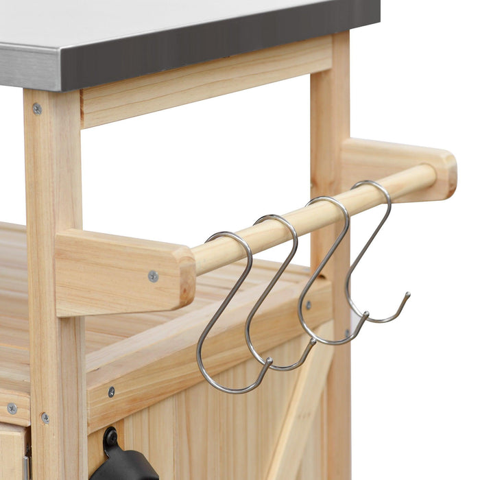 Outdoor Kitchen Island, Rolling Bar Cart & Storage Cabinet, Farmhouse Solid Wood Outdoor Grill Table with Stainless Steel Top, Spice Rack , Towel Rack for Kitchen & BBQ , Natural - DTYStore