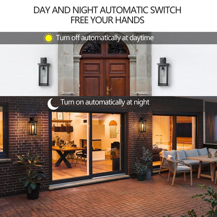 Set of 2 Modern Outdoor Wall Lanterns with Black Metal Frame and Clear Glass, Ambient light sensors,Weatherproof Wall Sconces for Porch, Garage, or Entryway Lighting, E26 Bulb Compatible - DTYStore