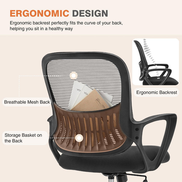 Ergonomic Office Chair Home Desk Mesh Chair with Fixed Armrest Executive Computer Chair with Soft Foam Seat Cushion - DTYStore