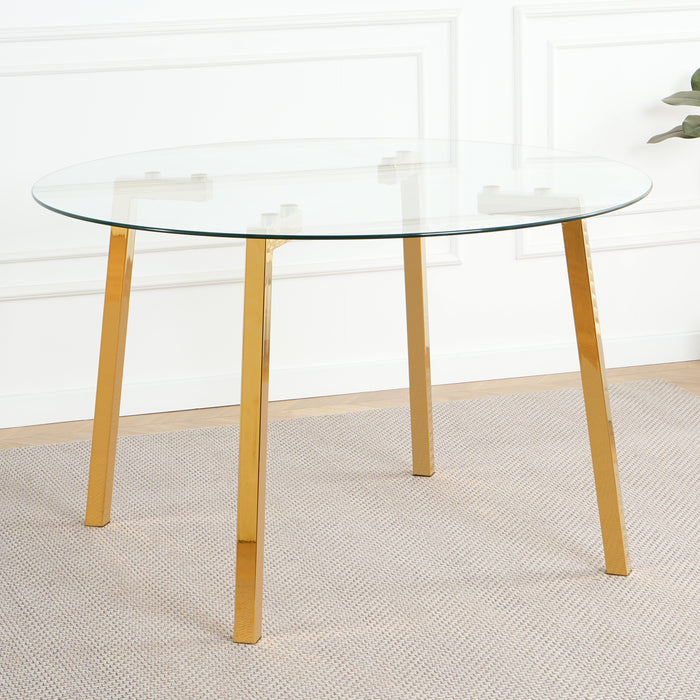 Modern minimalist 47.2 " round glass dining table with clear glass countertop and gold-plated metal legs, suitable for kitchen, dining room and living room (set of 1)