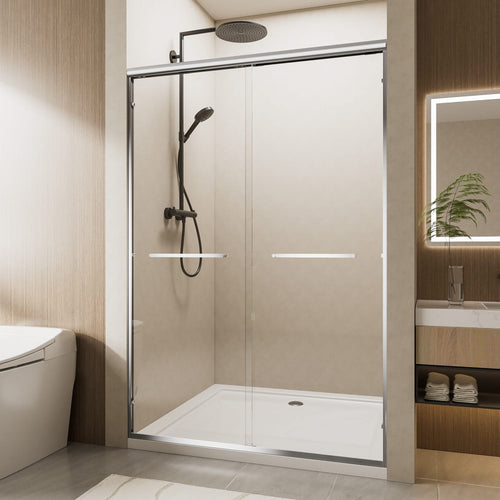 Aluminum Frame Double Sliding Soft-Close Shower Door with Chrome Finish, 1/4 Inches Tempered Glass and Dual 304 Stainless Steel Handles, 56-60 inches W x 72 inches H - Image 2