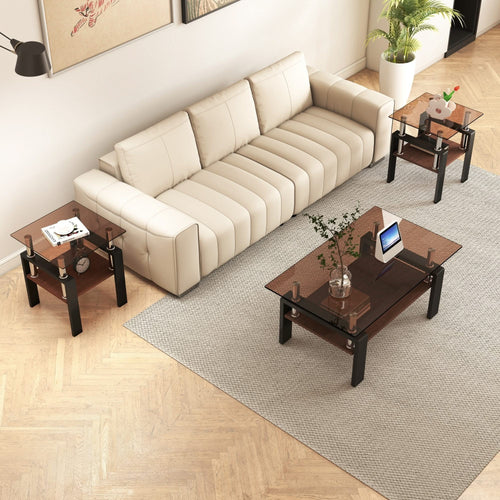 Set of 2 Modern Tempered Glass Tea Table ,Tempered Glass Tabletop with MDF Layer,Coffee Table,End Table, Square Table for Living Room, Brown/black - Image 3