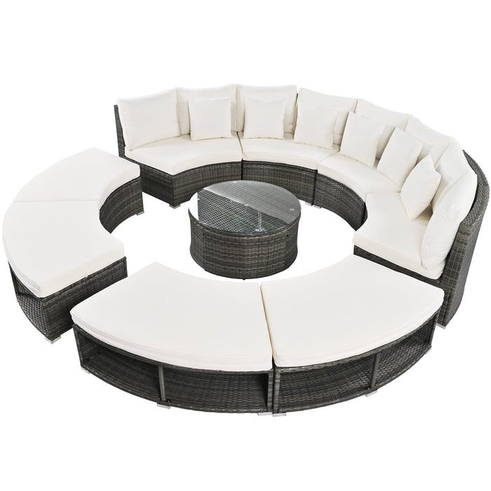 Outdoor Patio Furniture Luxury Circular Outdoor Sofa Set Rattan Wicker Sectional Sofa Lounge Set with Tempered Glass Coffee Table, 6 Pillows,Beige