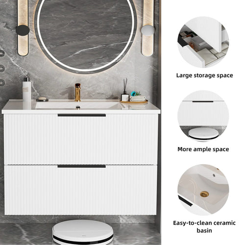30 Inch Bathroom Vanity Cabinet With Ceramic Sink - White Wall Mounted Floating Fluted Vanity With Drawers, Modern - Image 4