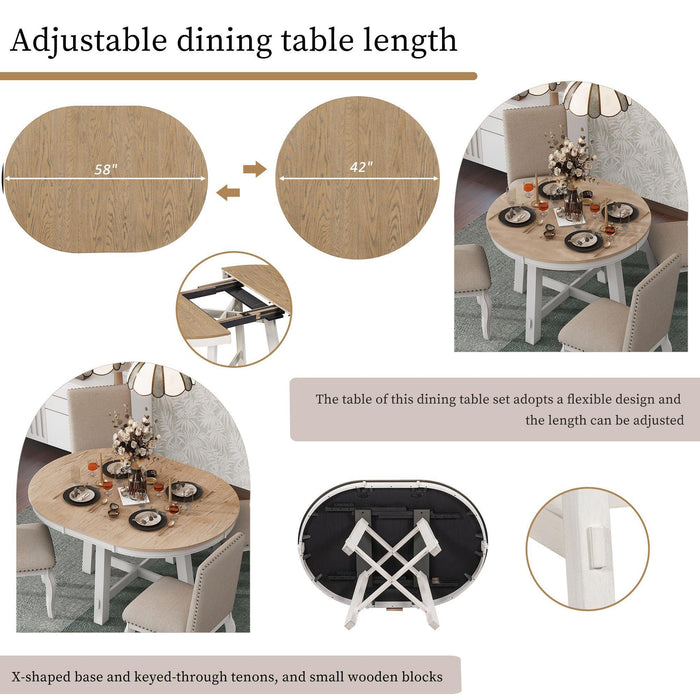5-Piece Farmhouse Dining Table Set Wood Round Extendable Table and 4 Upholstered Chairs