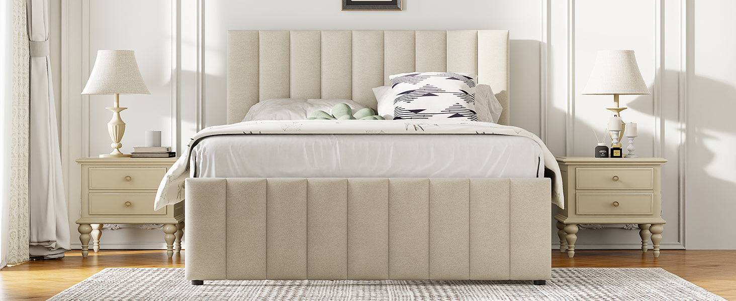Full Size Upholstered Platform Bed with Twin Size Trundle and 3 Drawers, Linen Fabric, Beige