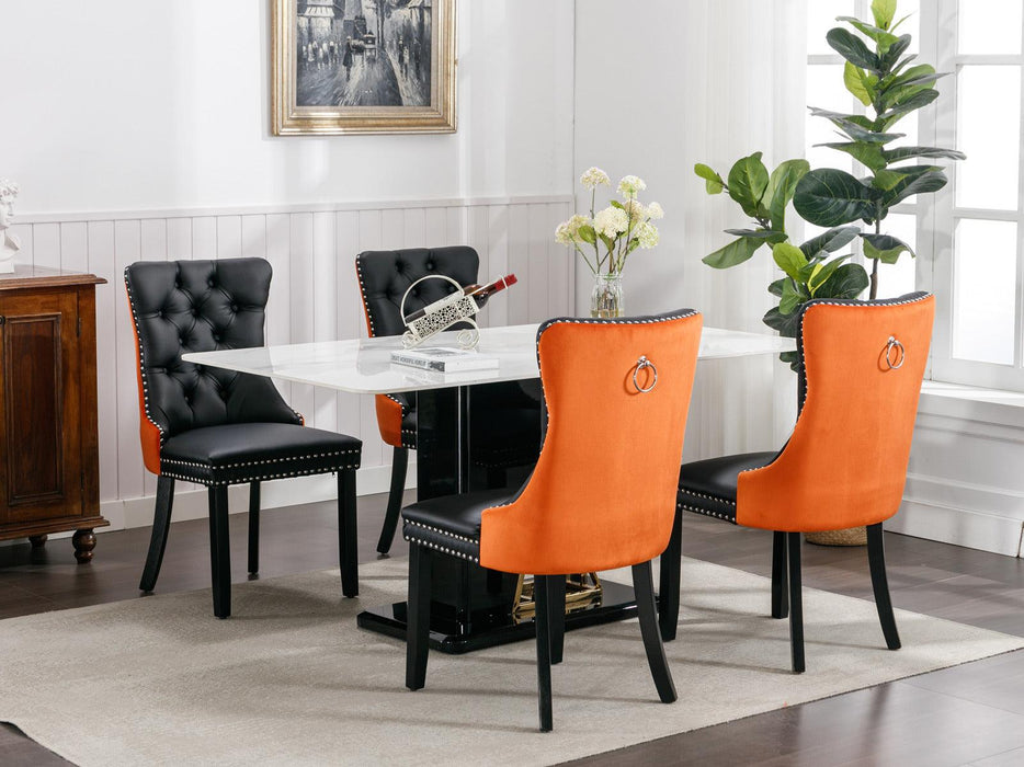 A&A Furniture,Nikki Collection Modern, High-end Tufted Solid Wood Contemporary PU and Velvet Upholstered Dining Chair with Wood Legs Nailhead Trim 2-Pcs Setï¼ŒBlack+Orange