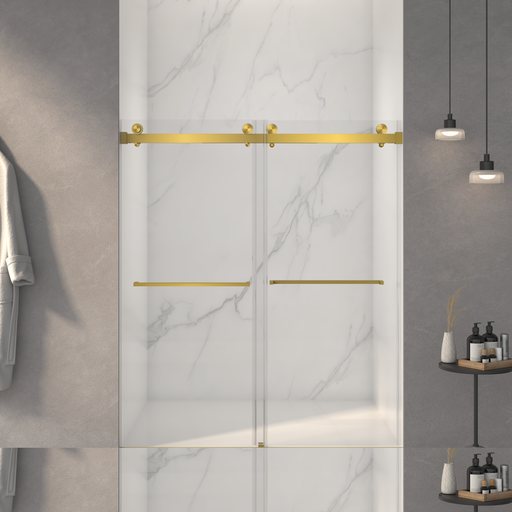 56-60'W x 70'H Frameless Double Sliding Shower Door,5/16' (8mm) Thick SGCC Tempered Clear Glass,Double Side Easy Clean Coat,Brushed Gold Finished With Buffer