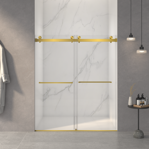56-60'W x 70'H Frameless Double Sliding Shower Door,5/16' (8mm) Thick SGCC Tempered Clear Glass,Double Side Easy Clean Coat,Brushed Gold Finished With Buffer