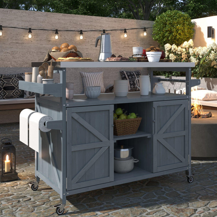 Outdoor Kitchen Island, Rolling Bar Cart & Storage Cabinet, Farmhouse Solid Wood Outdoor Grill Table with Stainless Steel Top, Spice Rack , Towel Rack for Kitchen & BBQ , Grey Blue - DTYStore