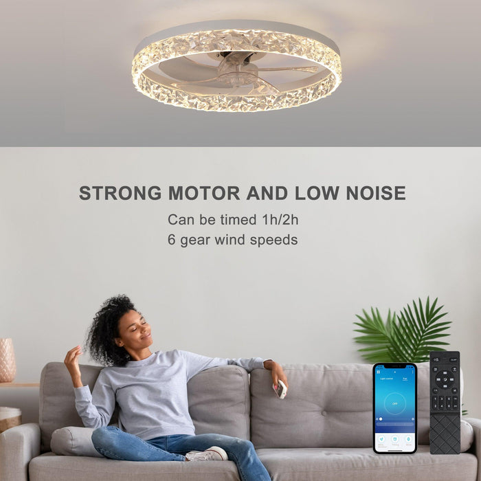 Modern Acrylic Ceiling Fan Light with Remote Control, Dimmable LED Chandelier, 6-Speed Adjustable, Quiet Motor, Flush Mount Design for Living Room, Bedroom, Dining Room - DTYStore