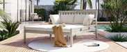 Outdoor Daybed, Patio Daybed with Four Pillows, Wooden Outdoor Bed with Curved Armrests for Poolside, Backyard, Garden (Gray+Beige Cushion) - DTYStore
