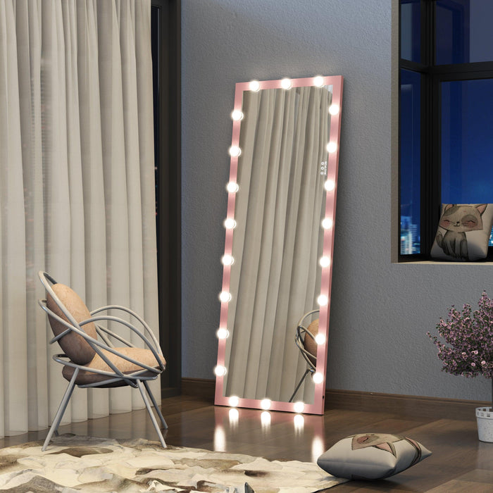 Hollywood Full Length Mirror with Lights Full Body Vanity Mirror with 3 Color Modes Wall Lighted Standing Floor Mirror for Dressing Room Bedroom Hotel Touch Control Pink 62.6"x23.3" - DTYStore