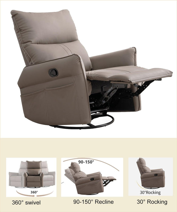 PU Rocking Recliner Chair,360° Swivel Nursery Rocking Chair,Glider Chair,Modern Small Rocking Swivel Recliner Chair for Bedroom,Living Room Chair Home Theater Seating,Side Pocket(Brown+360° Swivel) - DTYStore
