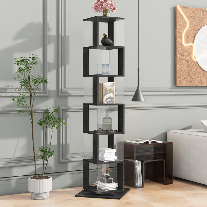 6 tier Rotating Bookshelf, Floor Rack Simple Bookcase with Acrylic plate Student Multi-Function Creative Bookshelf for Living Room with anti-toppling base - DTYStore