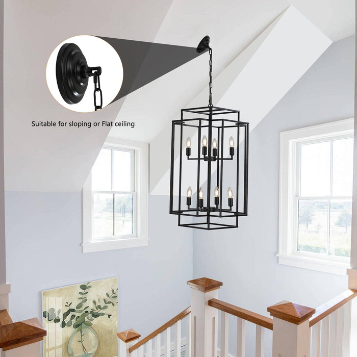 8-Lights Black Lantern Tiered Pendant Light Fixtures, Industrial Farmhouse Hanging Chandelier (No Bulbs)