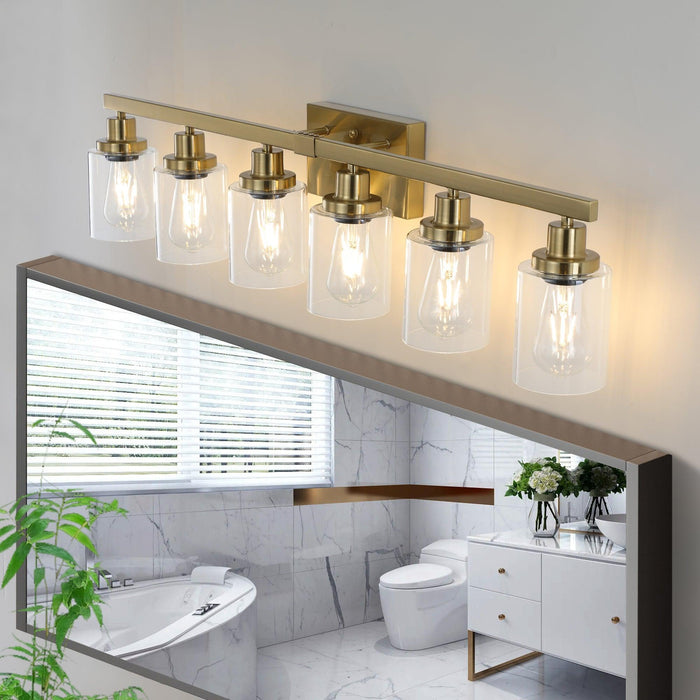 Golden 6-Light Vanity Light with Clear Glass Shades, Modern Iron Metal Bathroom Wall Fixture for Mirror, Ideal for Bathroom and Dressing Table (No Bulbs) - DTYStore