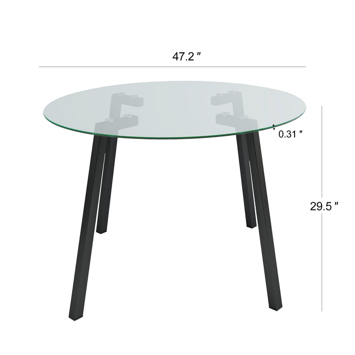 Modern simple table with a glass round table and four chairs. Transparent tempered glass countertop, black metal legs, suitable for kitchen living room dining room (set of 5)