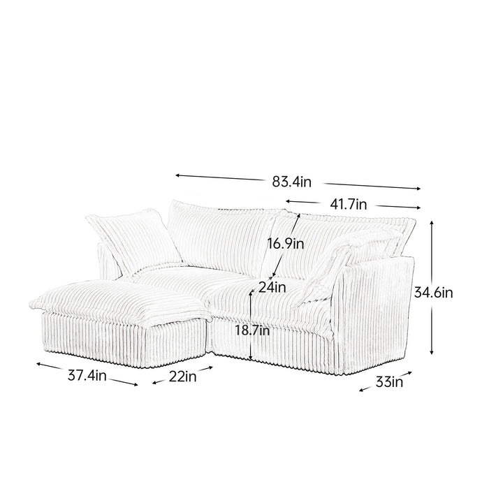 Slipcovered Sectional 2 Seater Sofa Couch with Convertible Ottoman, Wide and Deep Seat L Shaped Sofa with Detachable Cover and Soft Multiple Big Pillows,Cream Corduroy Fabric