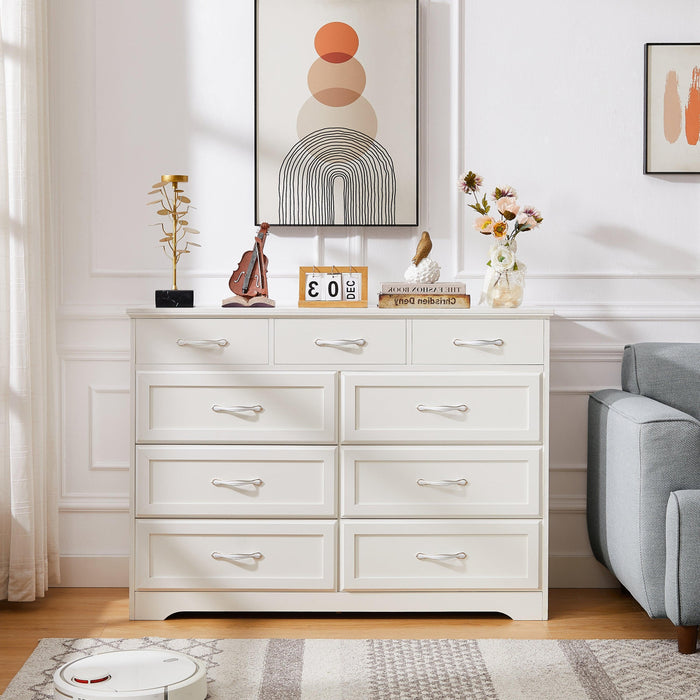 Bedroom dresser, 9 drawer long dresser with antique handles, wood chest of drawers for kids room, living room, entry and hallway, White, 47.56''W x 15.75''D x 34.45''H. - DTYStore