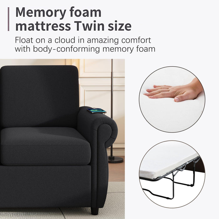 57.9" Orisfur Pull Out Sofa Bed Loveseat Sleeper with Twin Size Memory Mattress with Two USB Ports for Living Room Spaces, Black