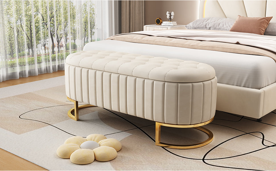 Elegant Upholstered Velvet Storage Ottoman with Button-Tufted,Storage Bench with Metal Legs for Bedroom,Living Room,Fully Assembled Except Legs,Beige