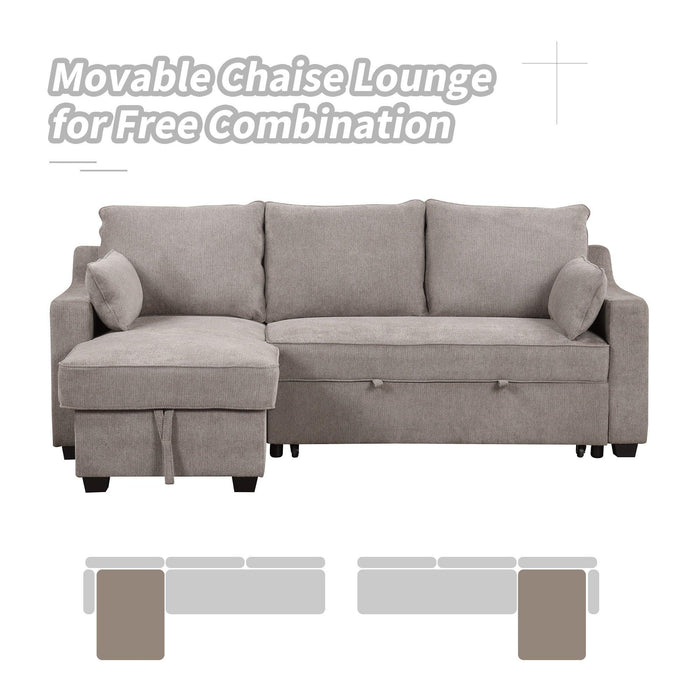 90" Pull Out Sleeper Sofa L-Shaped Couch Convertible Sofa Bed with Storage Chaise, Storage Racks and USB Ports, Light Brown - DTYStore