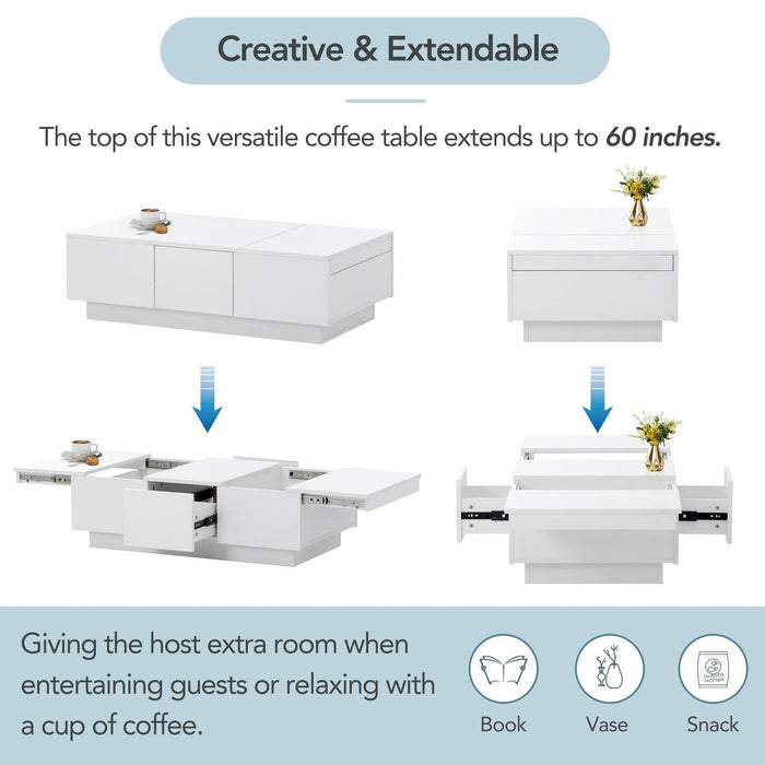 Coffee Table with 2 large Hidden Storage Compartment, Extendable Cocktail Table with 2 Drawers, High-gloss Center Table with Sliding Top for Living Room, 39.3"x21.6", White - DTYStore