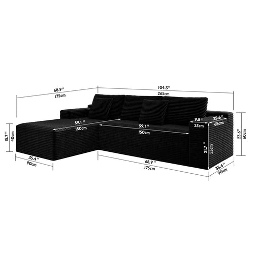 104.3' Cloud Sectional Couch with L-Shape Chaise,Modern Modular Sofa with Deep Seat, Upholstered Couches for Living Room Bedroom,No Assembly Required, Black(Plush Corduroy Fabric) - Image 7