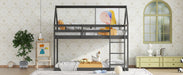 Twin over Twin Rubber Wood Floor Bunk Bed, with ladder,Guardrails,House-Shaped-Bunk Bed, Black - DTYStore