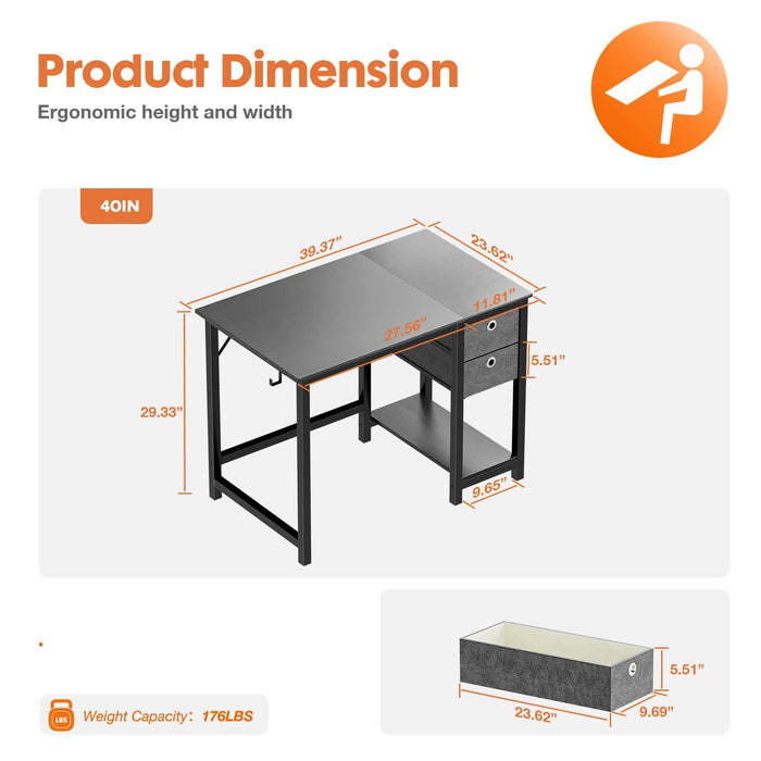 Modern Simple Style Home Office Writing Desk with 2-Tier Drawers Storage,Black Wood,47IN - DTYStore