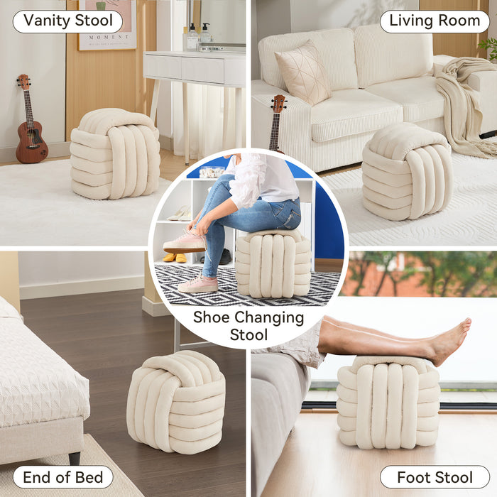 060-Chenille Fabric Modern Knot Design Ottoman Makeup Stool Footstool, Comfortable and Stylish Seat for Living Room, Bedroom ,Beige