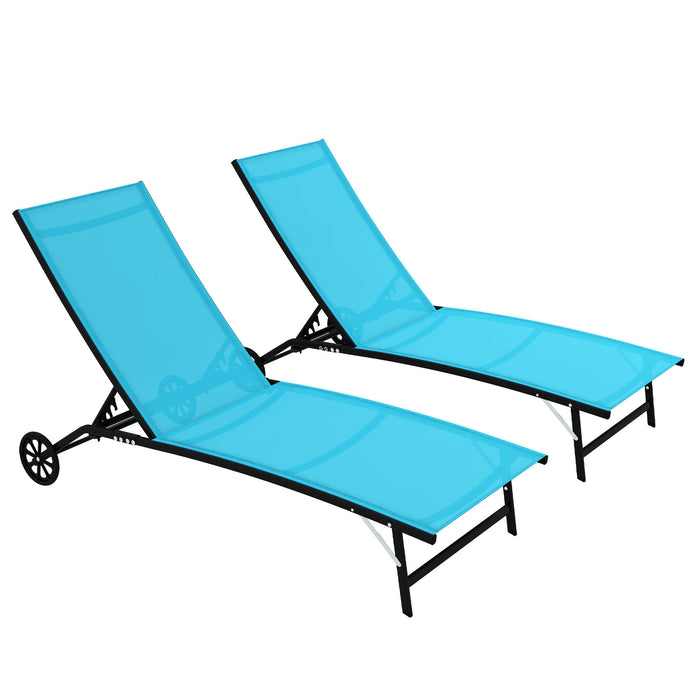 Outsunny Outdoor Chaise Lounge, 2 Piece Lounge Chair with Wheels, Tanning Chair with 5 Adjustable Positions for Patio, Beach, Yard, Pool, Blue - DTYStore
