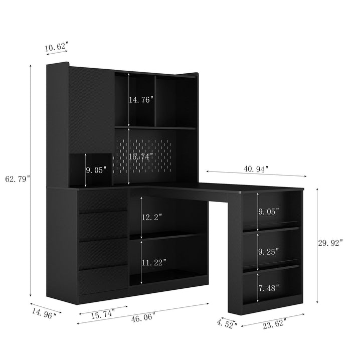 L Shaped Desk,Computer Desk with Drawers,Bookshelf & Hutch,with LED Light,Modern Corner Desk,Home Office Desk,L-Shaped Study Table Writing Desk,Corner Gaming Computer Desk with Storage - DTYStore