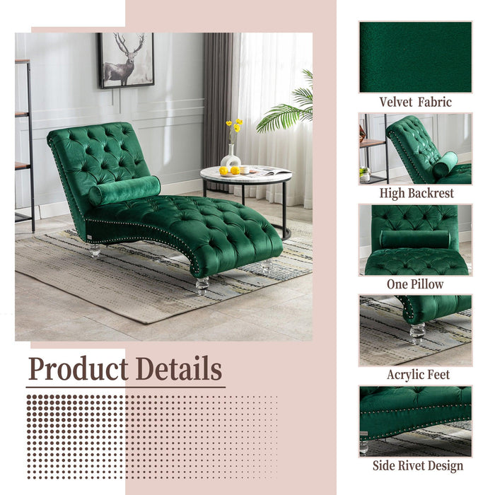 COOMORE Velvet Chaise Lounge Indoor,Button-Tufted Upholstered Chaise Lounge Chair with Pillow for Bedroom Living Room Office (Emerald Velvet) - DTYStore