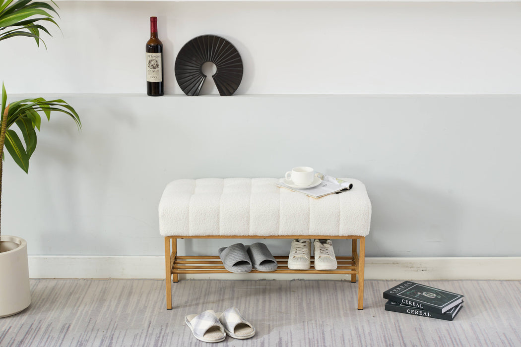 End of Bed Bench with Shelf, Teddy fabric Upholstered Storage Shoe Bench, Modern Bedroom Bench with Metal Legs for Living Room, Entryway, Dining Room, 300 LB, Linen Color(White)