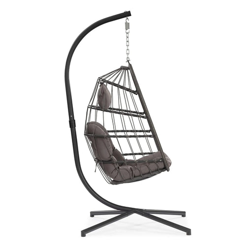 outdoor patio Wicker Hanging Chair Swing Chair Patio Egg Chair UV Resistant Dark grey cushion Aluminum frame Default -DTYStore