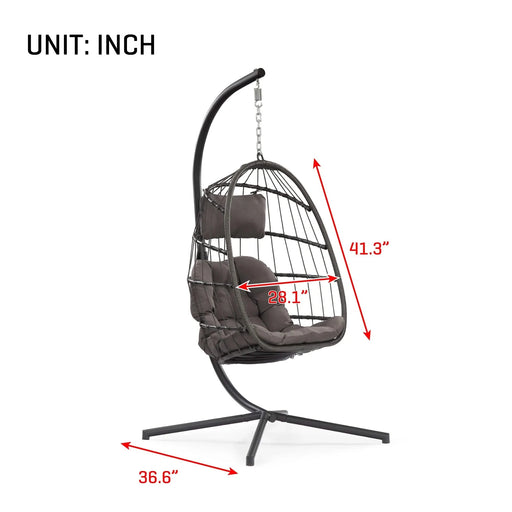 outdoor patio Wicker Hanging Chair Swing Chair Patio Egg Chair UV Resistant Dark grey cushion Aluminum frame Default -DTYStore