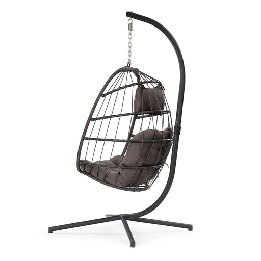 outdoor patio Wicker Hanging Chair Swing Chair Patio Egg Chair UV Resistant Dark grey cushion Aluminum frame Default -DTYStore
